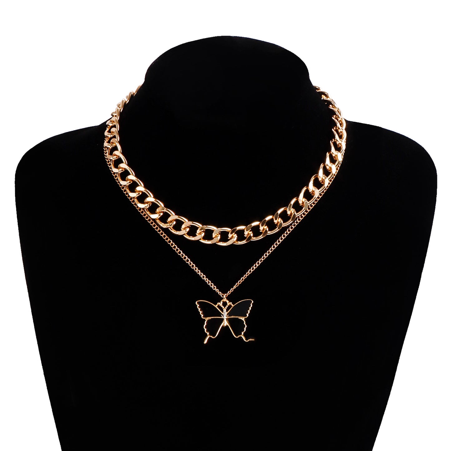 Elegant Two-Tier Black Butterfly Pendant Necklace for Women with Electroplated Metal Chain and Mother-of-Pearl Effect
