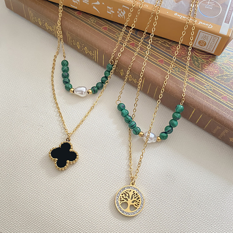 Gold Plated Titanium Steel Four-Leaf Clover Double Layer Necklace for Unisex