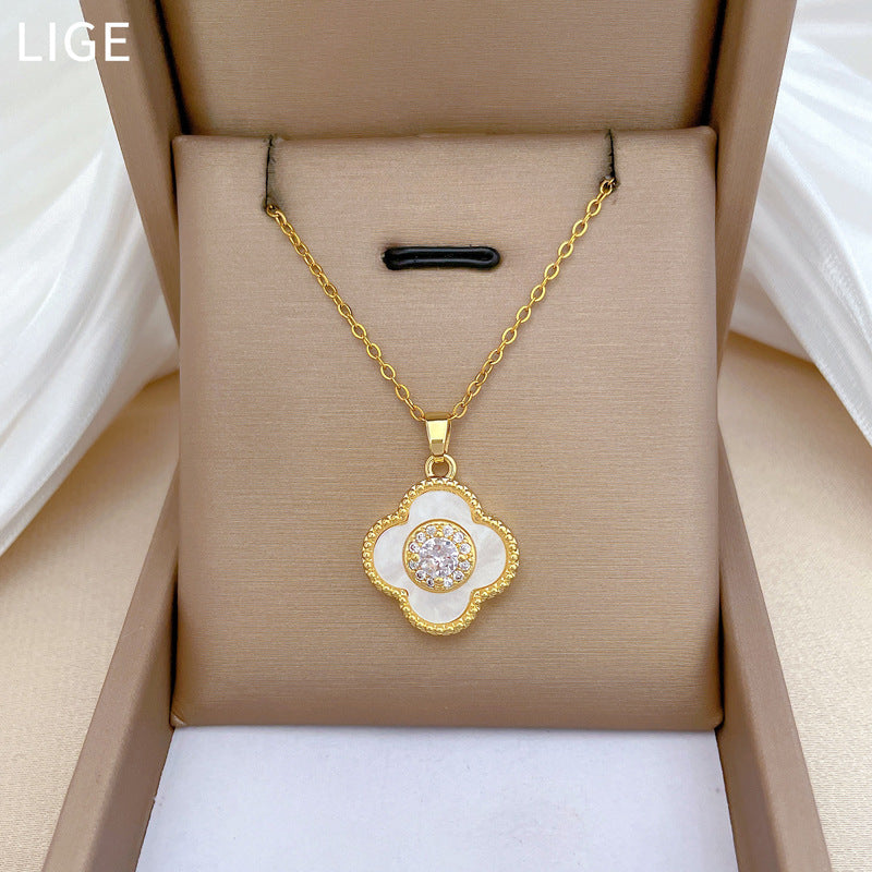 Luxury Plated Titanium Steel Geometric Four-Leaf Clover Shell Necklace and Earrings Set for Women
