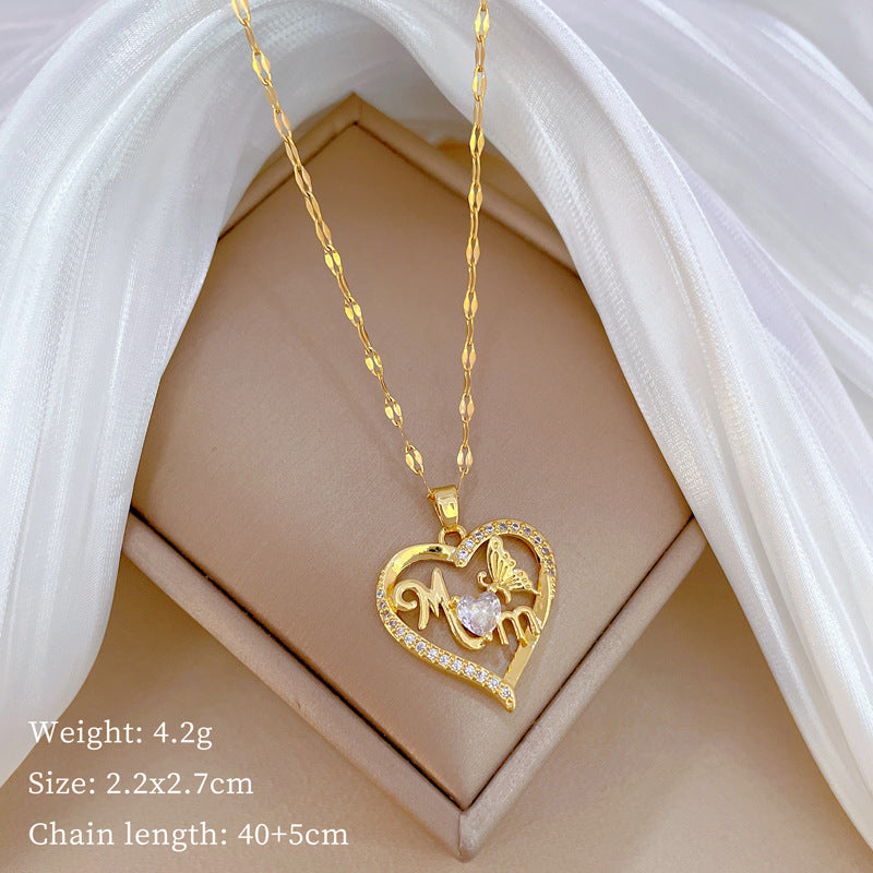 Luxury Minimalist Sweet Geometric Rhinestone Pendant Necklace for Women Titanium Steel O-Chain