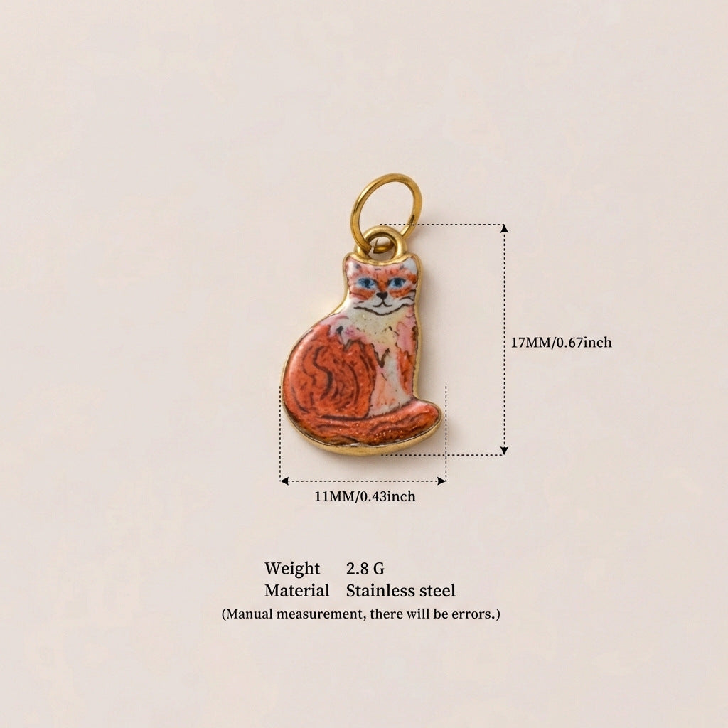 Cute Cat Ceramic Drip Oil Plated Stainless Steel Charm Bar Pendant