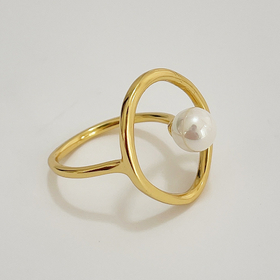 Anillo de Corazón Geométrico Minimalista de Plata de Ley 925 con Perla Incrustada para Mujer