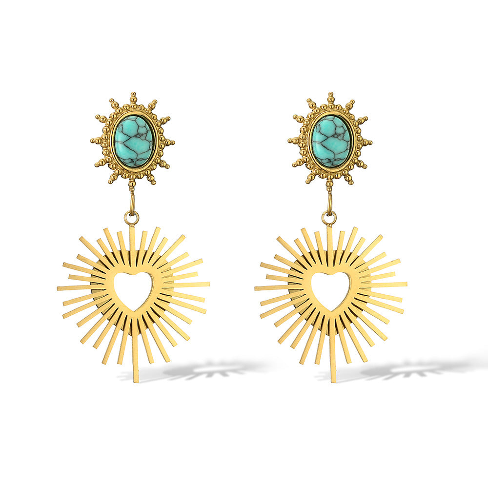 Vintage-style Heart-shaped Titanium Steel Drop Earrings with Turquoise Inlay for Women