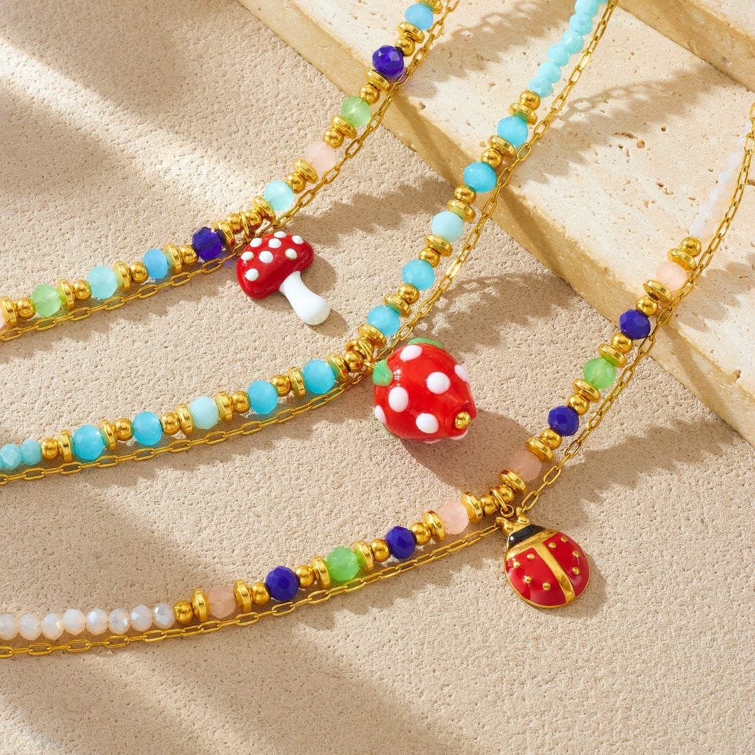 Sweet Cartoon Drip Oil Plated Stainless Steel Ladybug Strawberry Mushroom Resin Pendant Bracelet