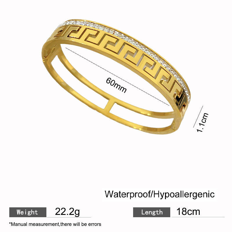 Vintage Elegant Rhinestone Inlaid Geometric Pattern Titanium Steel Bracelet for Women