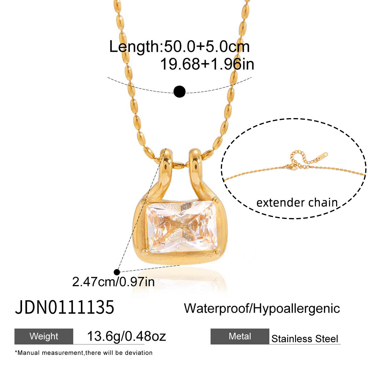 Minimalist 18K Gold Plated Geometric Square Stainless Steel Cubic Zirconia Necklace for Women