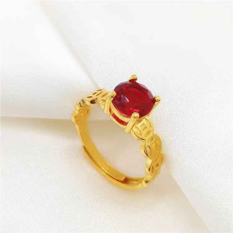 Minimalist Geometric Copper Coin Ring with Rhinestone Inlay and Gold Plating Adjustable Open Band for Women