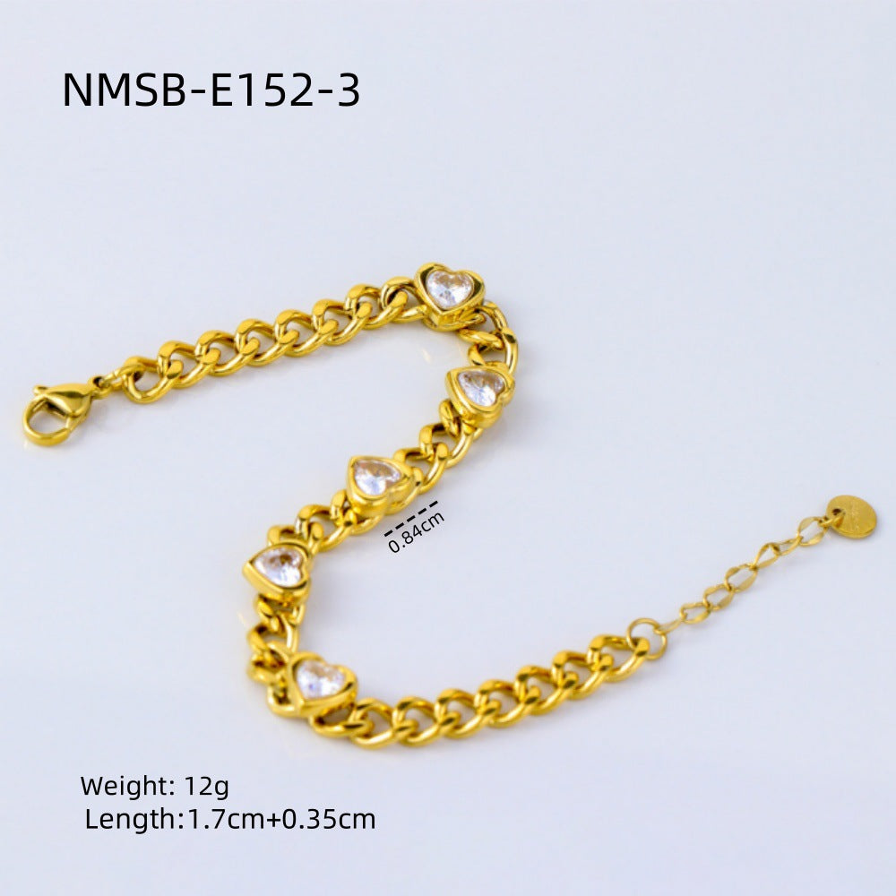 Bracciale da donna regolabile a forma di cuore in acciaio inossidabile con placcatura in oro e zirconi, gioielli alla moda stile ufficio minimalista