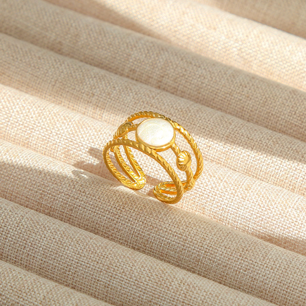 Anello Aperto Regolabile da Donna in Acciaio Inossidabile Stile INS Vintage, Geometrico e a Cuore, con Intarsio in Pietra Naturale, Elegante e Minimalista