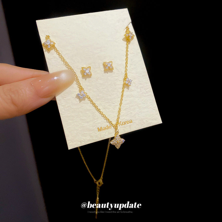 Elegant Floral Design Gold-Plated Copper Necklace and Earrings Set with Zircon Inlay for Women