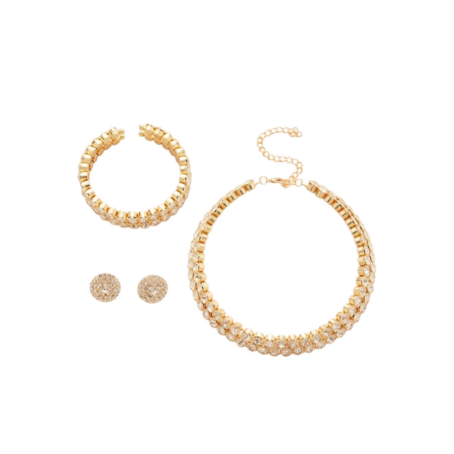 Luxury Rhinestone-Inlaid Round Double-Layer Necklace Bracelet Earrings Set for Women with Clavicle Chain Geometric Design Elegant Fashion Accessory