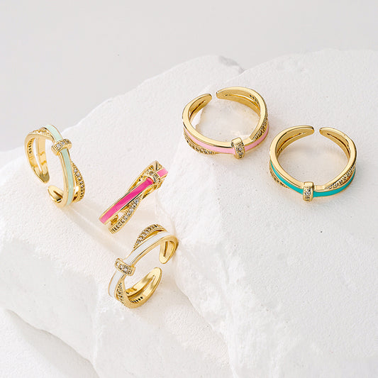 Anello Aperto Geometrico Minimalista da Donna in Rame con Placcatura in Oro 18K e Finitura Smaltata, con Zircone