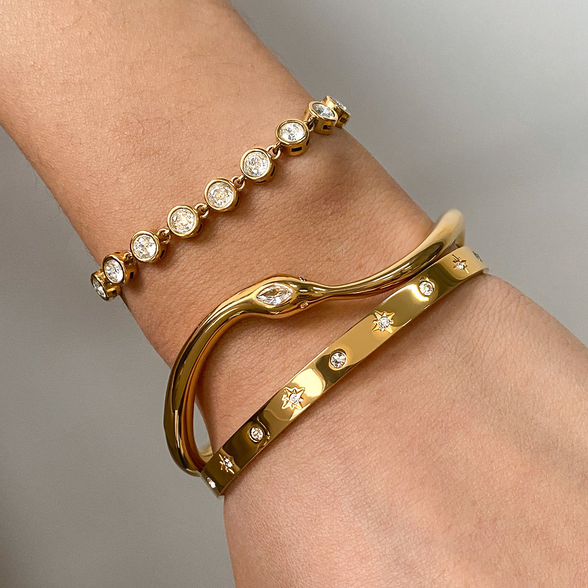 18K Gold Plated Stainless Steel Snake Bracelet with White Rhinestones for Women
