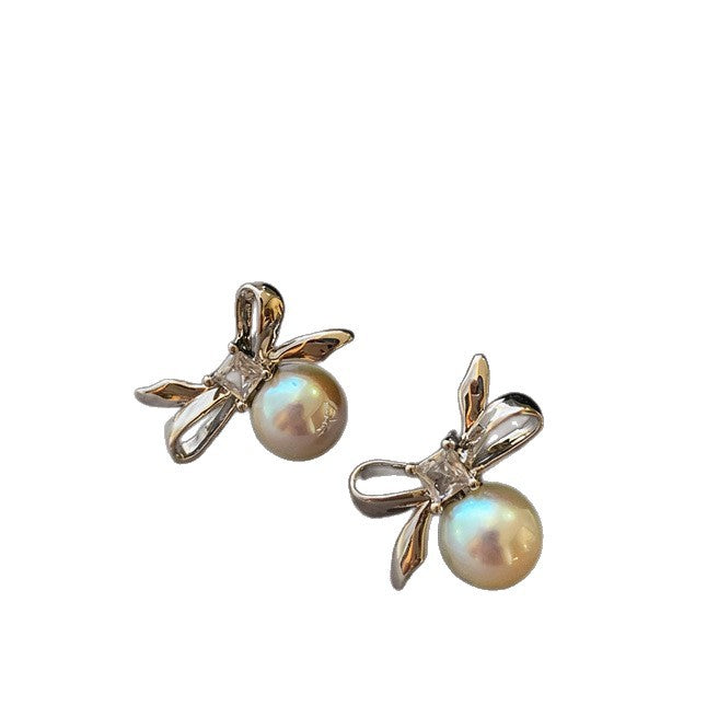 Orecchini a perno con fiocco di strass e perle con perni in acciaio placcato da donna, gioielli per orecchie vintage alla moda, minimalisti ed eleganti di lusso