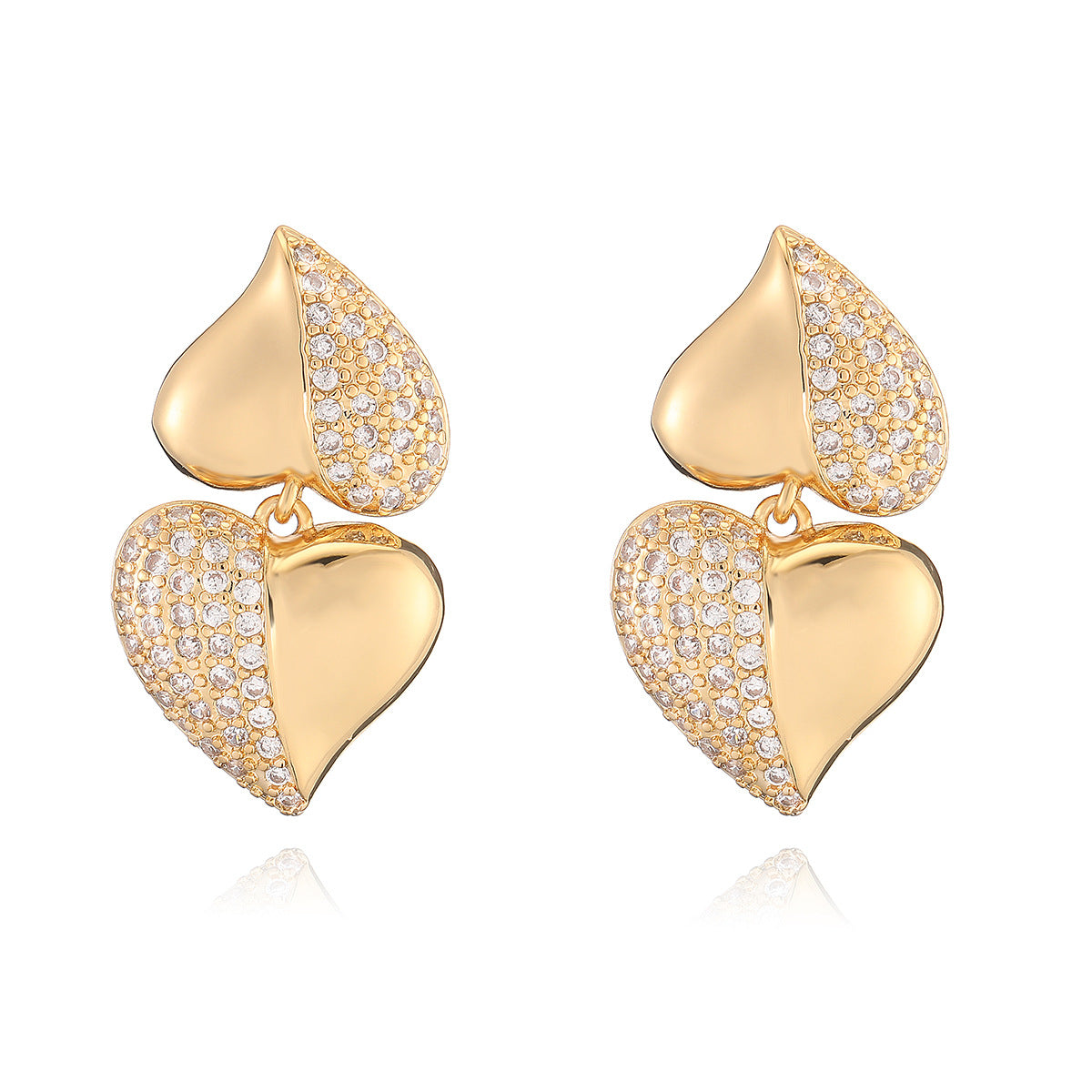 Minimalist Heart-Shaped Micro-Paved Zirconia Stud Earrings for Women in Brass with 18K Gold Plating