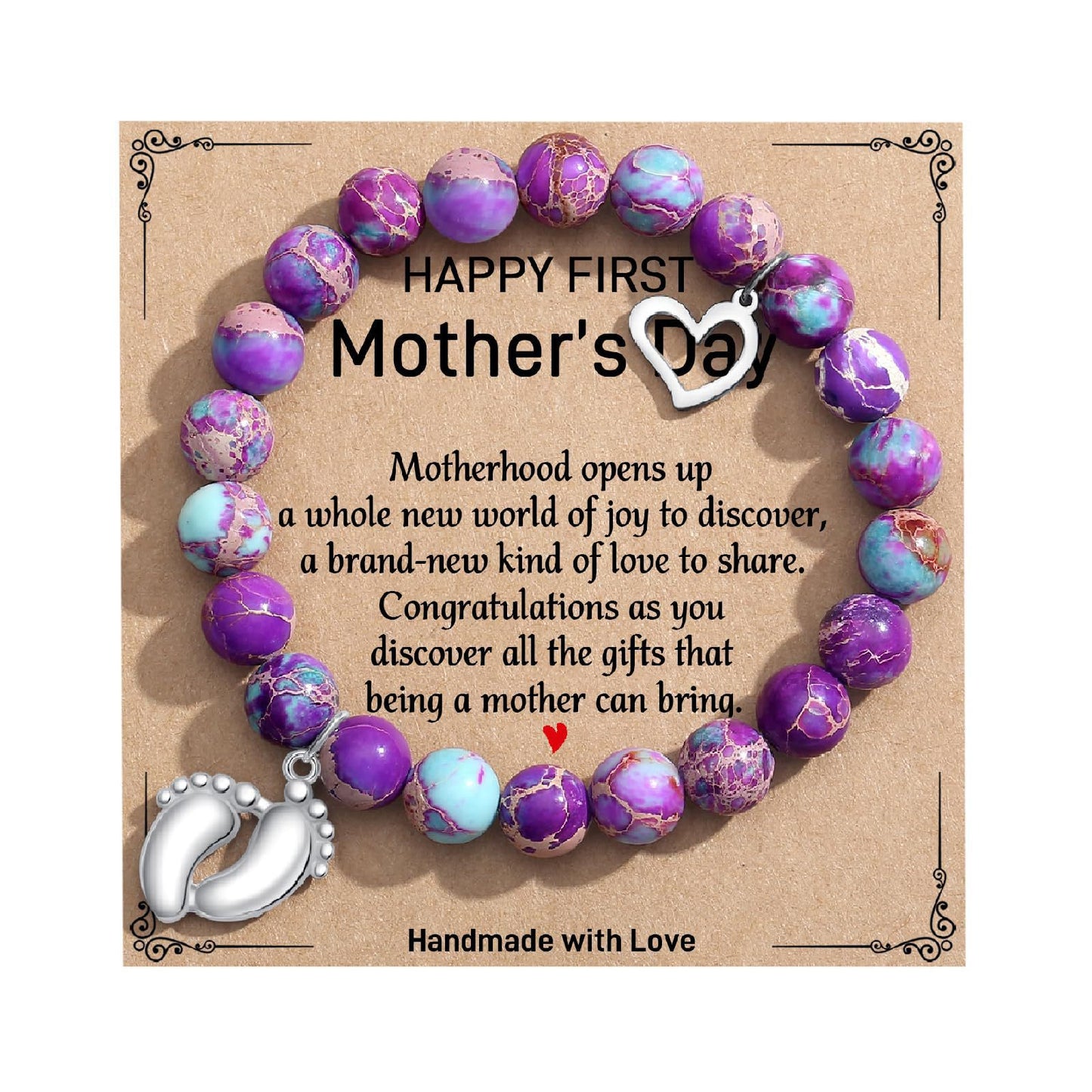 8mm Pink Zebra Agate and Imperial Turquoise Floral Heart Bracelet with Gemstone Inlay Unisex Handmade Jewelry