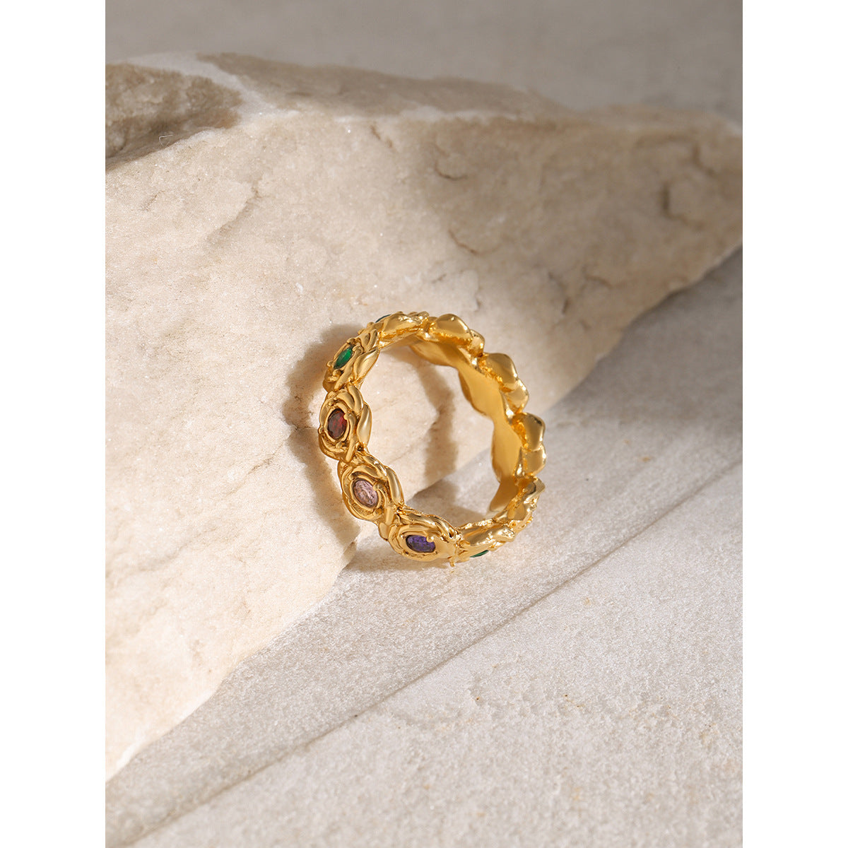 Vintage Elegant 18K Gold Plated Stainless Steel Round Rose Cubic Zirconia Ring for Women