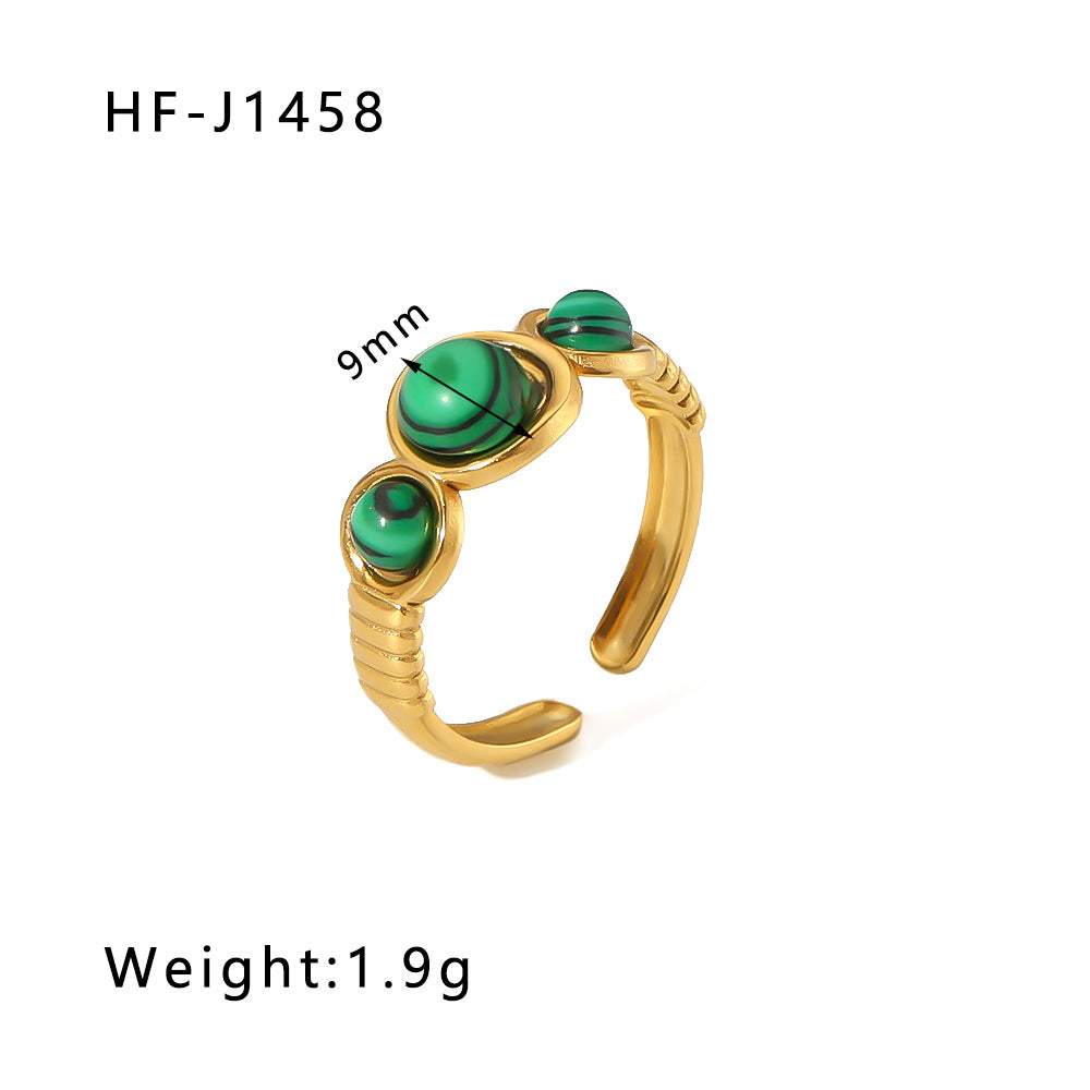 Vintage Geometric Round Emerald Green Natural Stone Stainless Steel Ring with 18K Gold Plating