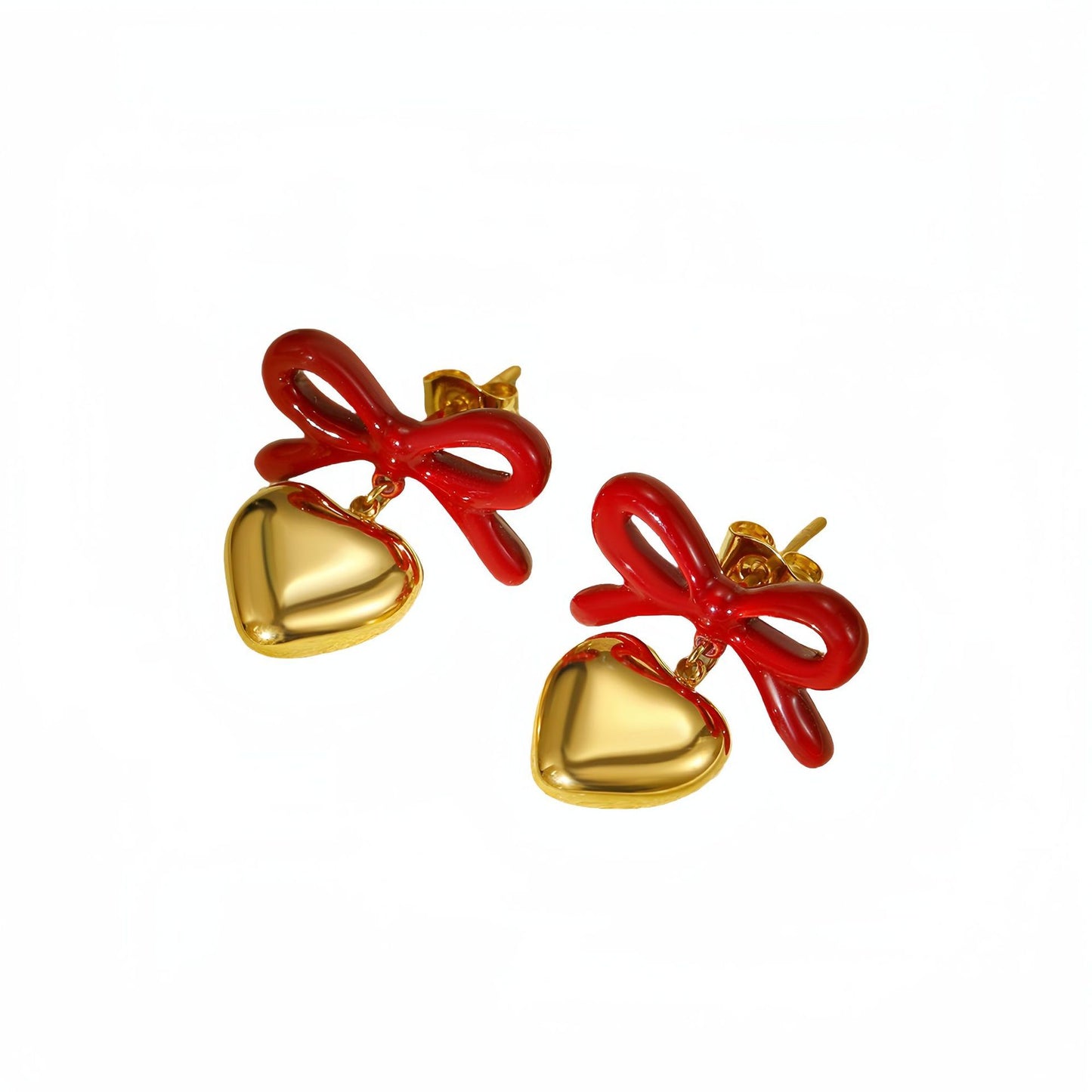 Orecchini da donna alla moda in acciaio inossidabile con fiocco e a forma di cuore, placcati in oro 18 carati e finitura smaltata