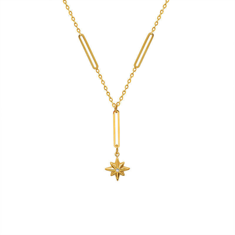 Collana con Pendente a Stella a Otto Punte Geometrica da Donna in Acciaio al Titanio Placcato Oro con Frange Lunghe