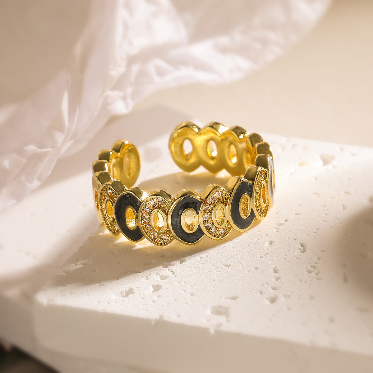 Bohemian Style Geometric Open Ring for Women Made of Copper with Real Gold Plating and Zircon Inlay with Enamel Finish