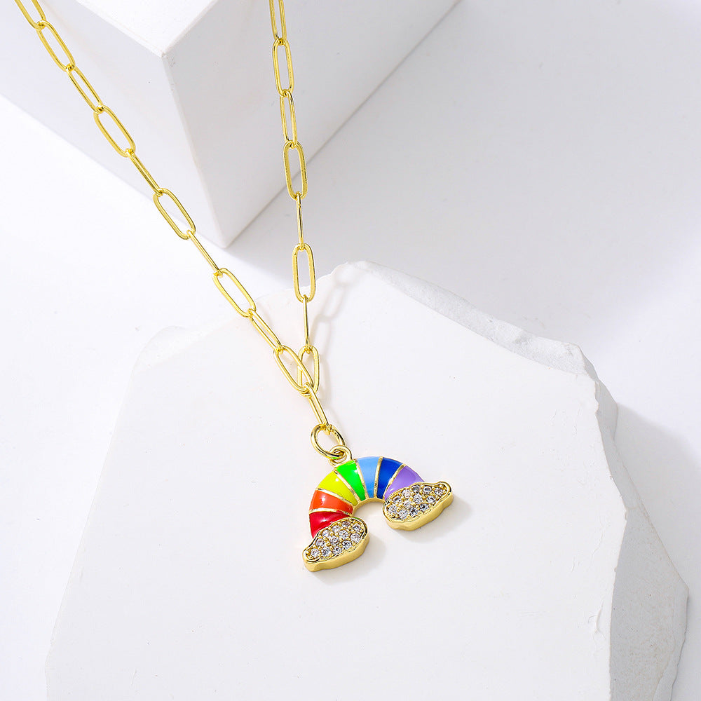 Cute INS-Style Geometric Moon Pendant Necklace for Women with Copper Base Plated in 18K Gold and Enamel Finish, Rainbow Rhinestone Inlay