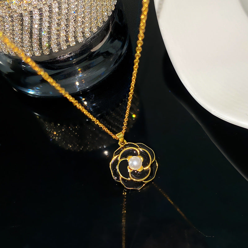 Sweet Elegant Camellia Flower Brass Plated Necklace and Earring Set with Cable Chain for Women
