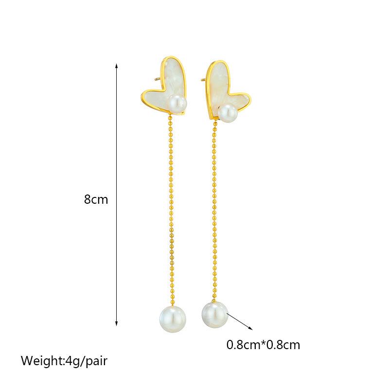 Minimalist Heart-Shaped Titanium Steel Stud Earrings with Pearl Accents and Dainty Chain Tassels for Women