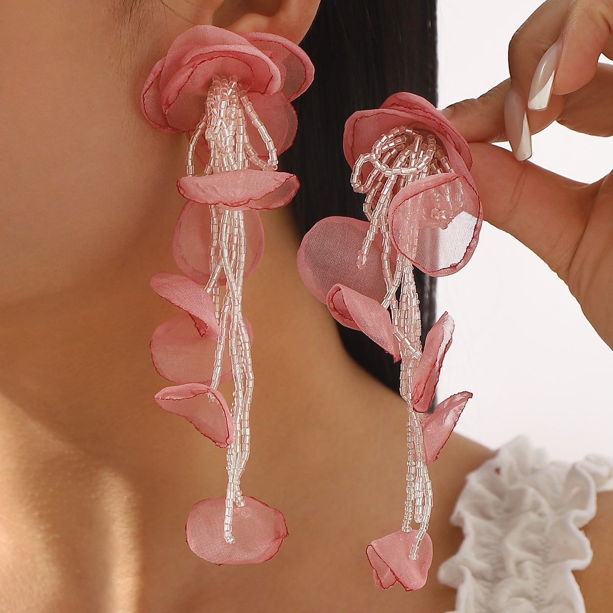Sweet Feminine Floral Tassel Earrings with Seed Beads and Gauze Material for Women