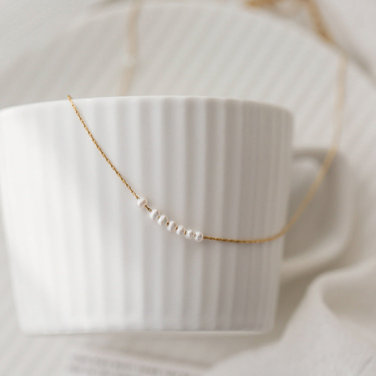 Minimalist Smile Pendant Titanium Steel Necklace with Eight Pearls for Women Short Clavicle Chain