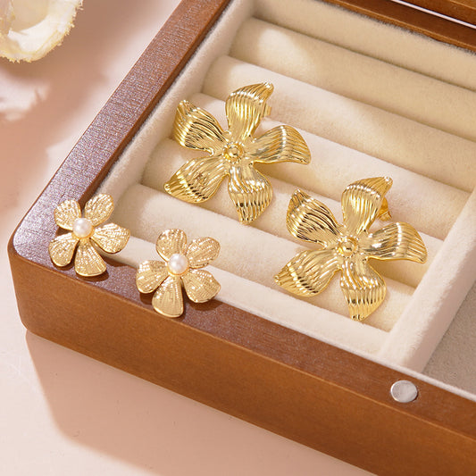 Aretes de Lujo de Acero Inoxidable con Diseño Floral y Perlas para Mujer