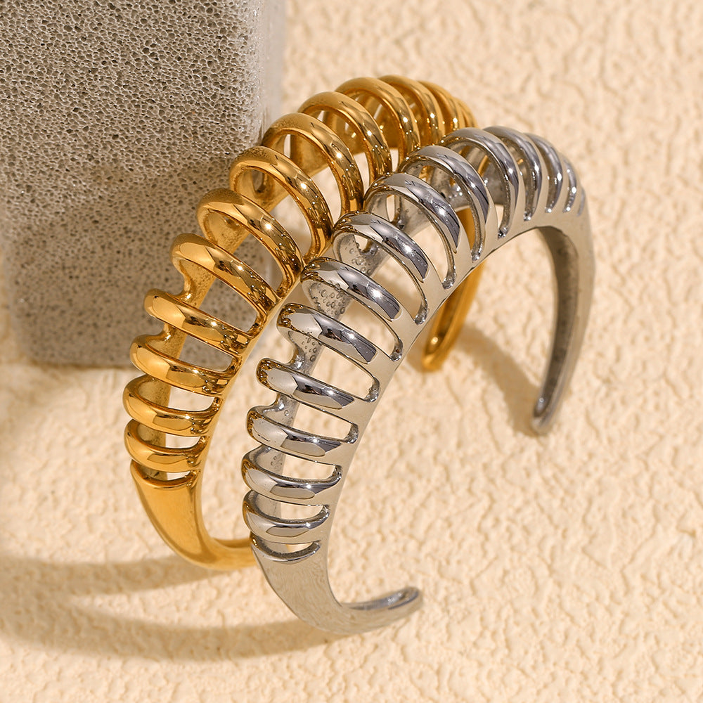 Minimalist Wave-Shape Stainless Steel Plated 18K Gold Hollow Bangle for Women