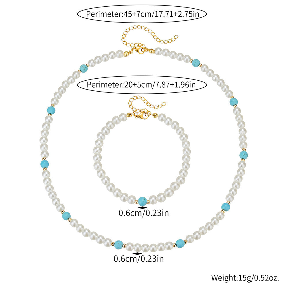 Geometric Round Imitation Pearl Turquoise Necklace Set