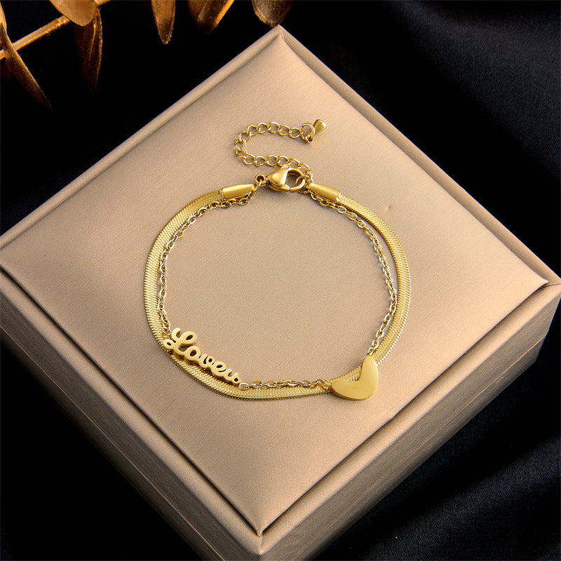 Fashionable Minimalist Double-Layer Stackable Heart-Shaped Titanium Steel Bracelet with Letter Charms and Plated Finish