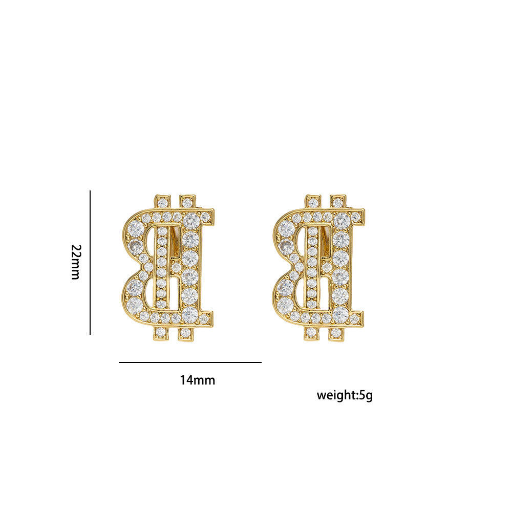 Minimalist Fashionable Letter B Rhinestone-Set Earrings and Necklace with Titanium Steel Plating and Copper Pendant on Cross Chain for Women