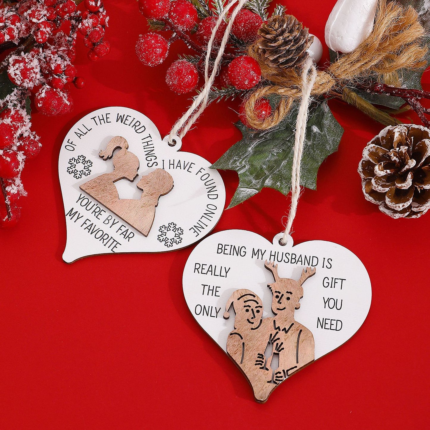 Ciondolo creativo in legno a forma di cuore con testo stampato per feste di Natale, coppie e amici