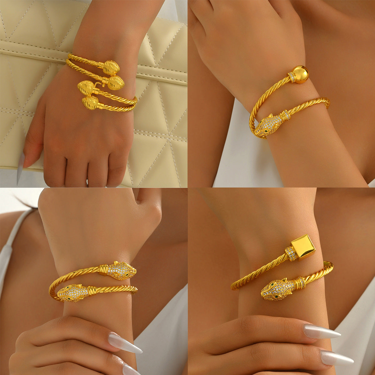 Luxury Geometric Snake-Shaped Open Bangle Set for Women Made of Brass Alloy with Rhinestone Inlay