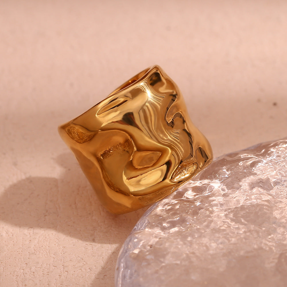 Minimalist Geometric Stainless Steel Plated 18K Gold Wave Texture Open Wide Band Ring for Women