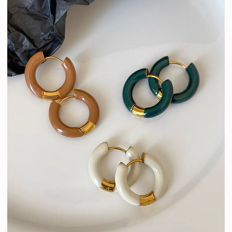 Pendientes de aro en forma de U de acero titanio esmaltado retro francés elegante para mujer en azul esmeralda y burdeos
