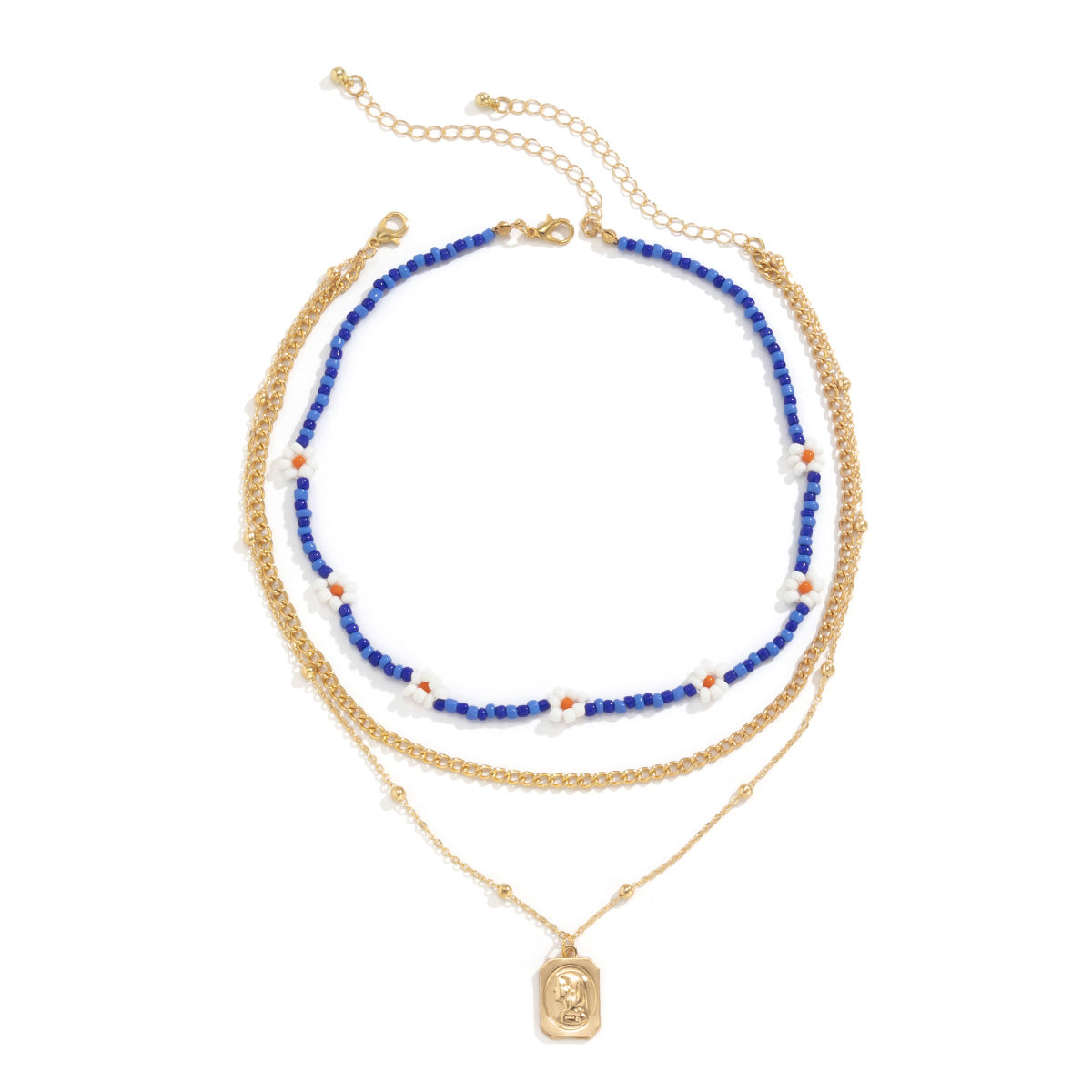 Collana Vintage con Ciondolo a Margherita e Charms in Lega su Catena di Perline per Donna