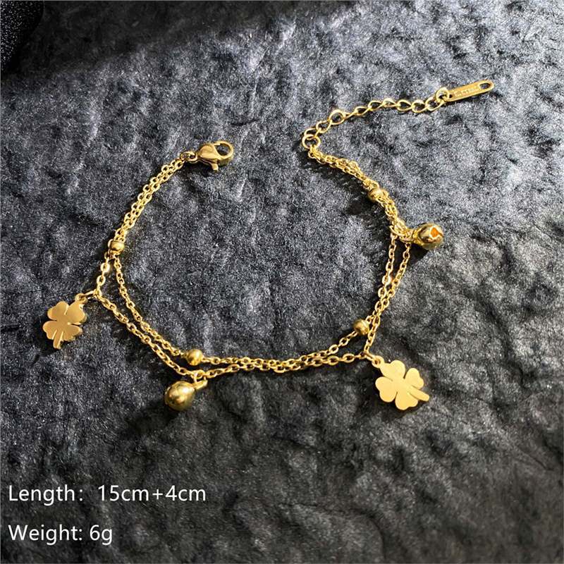 Original Design Geometric Four-Leaf Clover Roman Numeral Double-Layer Bracelet in Titanium Steel with Gold Plating