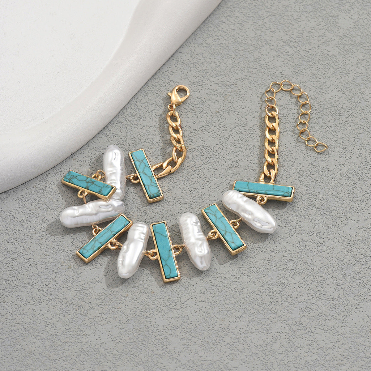 Geometric Women's Bracelet with Turquoise Inlay and Pearl Accents in Zinc Alloy for Fashionable Everyday Wear