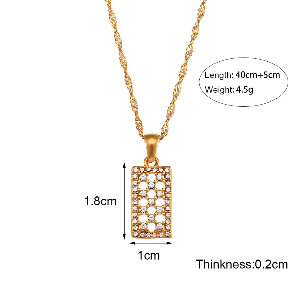 Fashionable Minimalist Geometric Hollow Long Pendant Necklace for Women in Stainless Steel with Rhinestone Inlay and Plated Finish