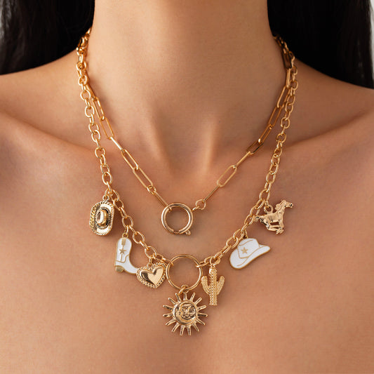 Vintage Heart and Geometric Pendant Necklace for Women with Plated Alloy and Enamel Finish on Clavicle Chain