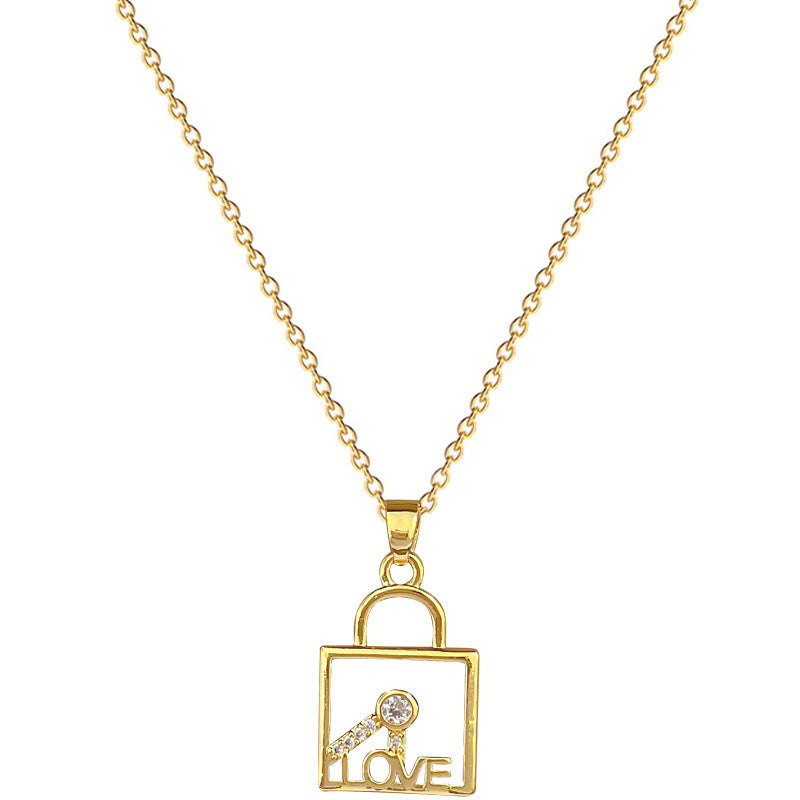 Minimalist Geometric LOVE Key Lock Pendant Necklace for Women and Men in Titanium Steel with Rhinestone Accents on Snake Chain