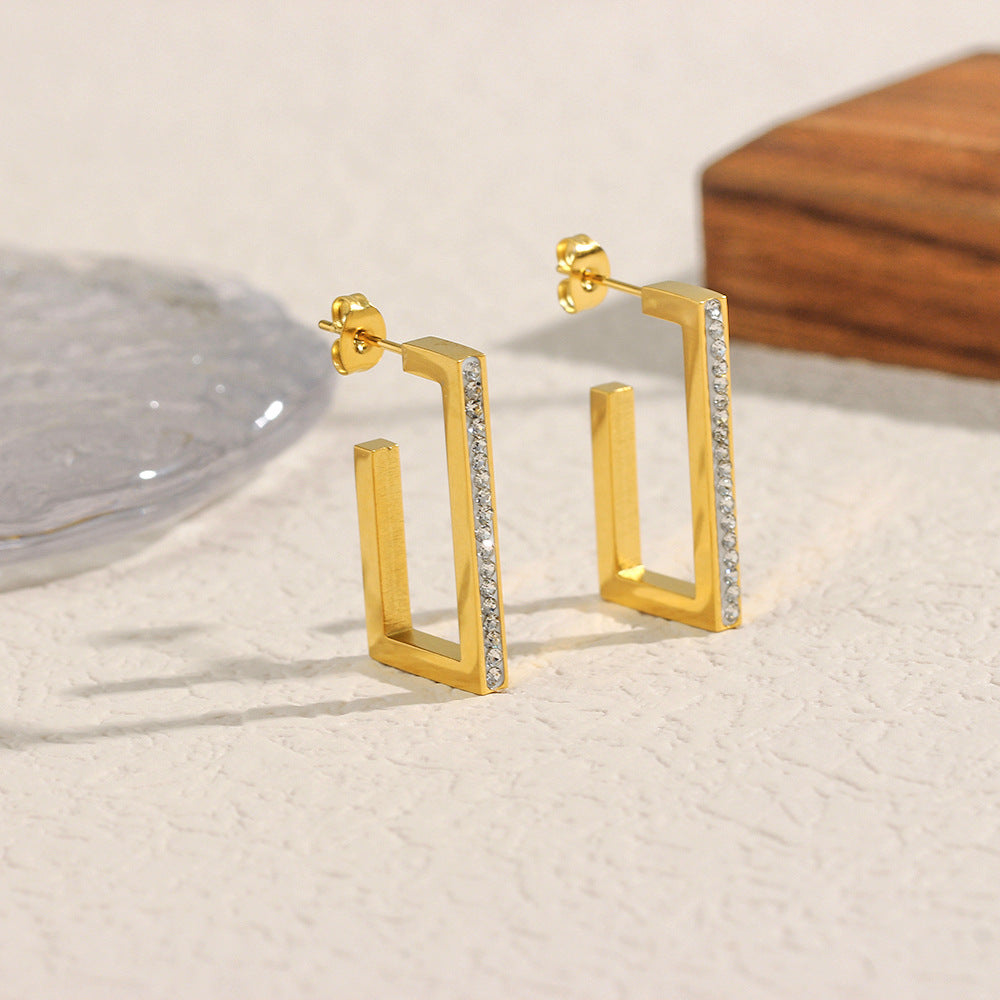 Minimalist Rectangular Stainless Steel Earrings with 18K Gold Plating and Rhinestone Inlay for Women