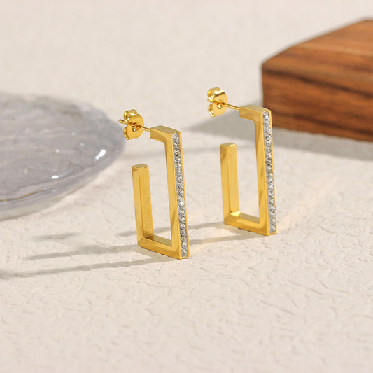 Pendientes rectangulares minimalistas de acero inoxidable con baño de oro de 18 quilates e incrustaciones de diamantes de imitación para mujer