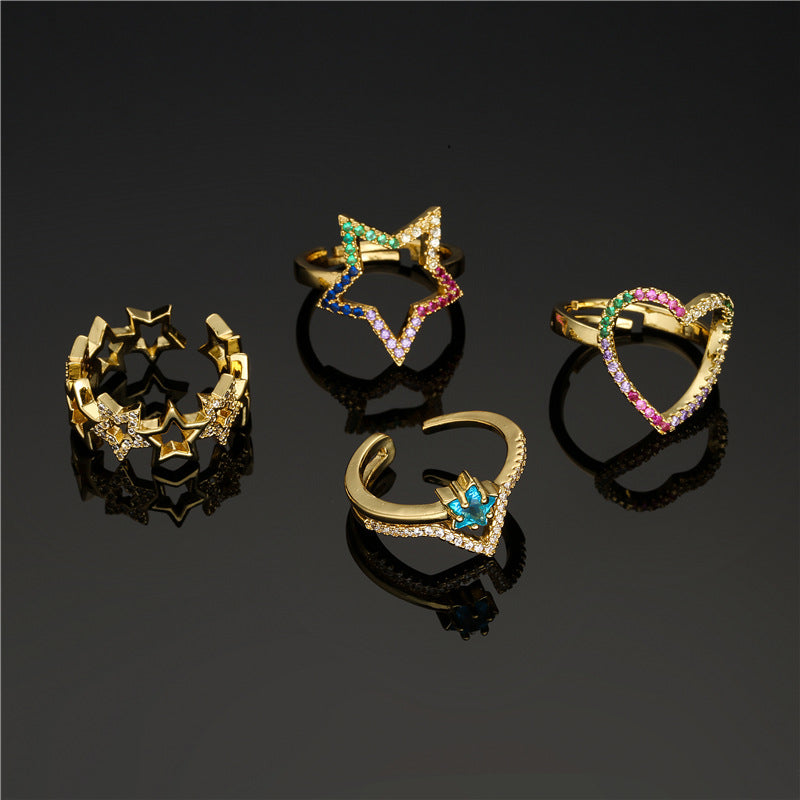 Gold Plated Brass Geometric Star Open Ring with Micro-Inlaid Cubic Zirconia for Women