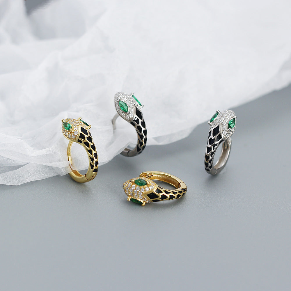 Minimalist Snake-Shaped S925 Sterling Silver Stud Earrings with Rhinestone Inlay and Resin Drip Detail for Women