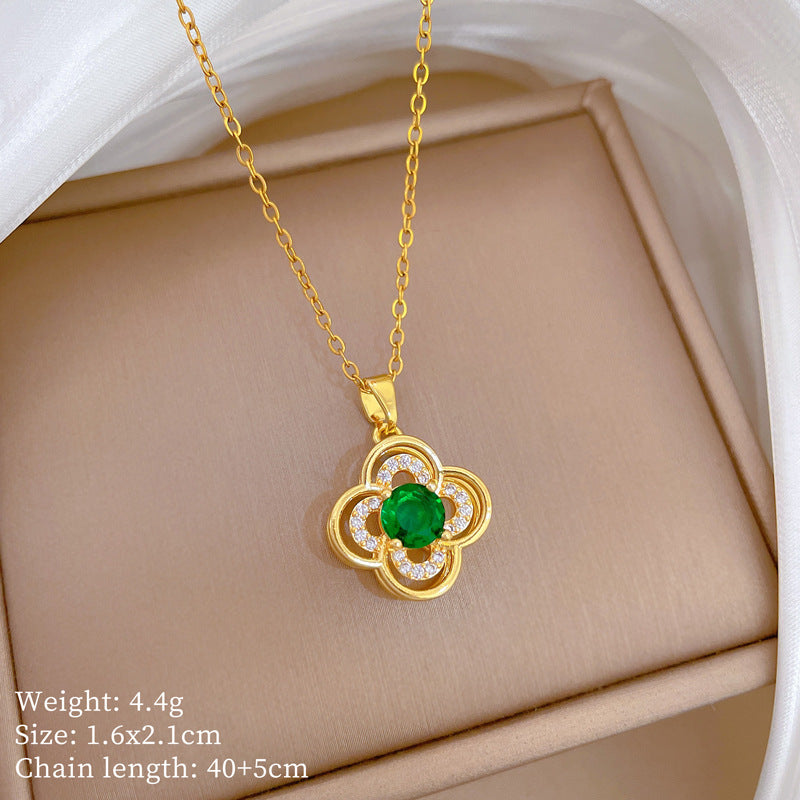 Sweet Minimalist Geometric Rhinestone Clover Pendant Titanium Steel Necklace for Unisex